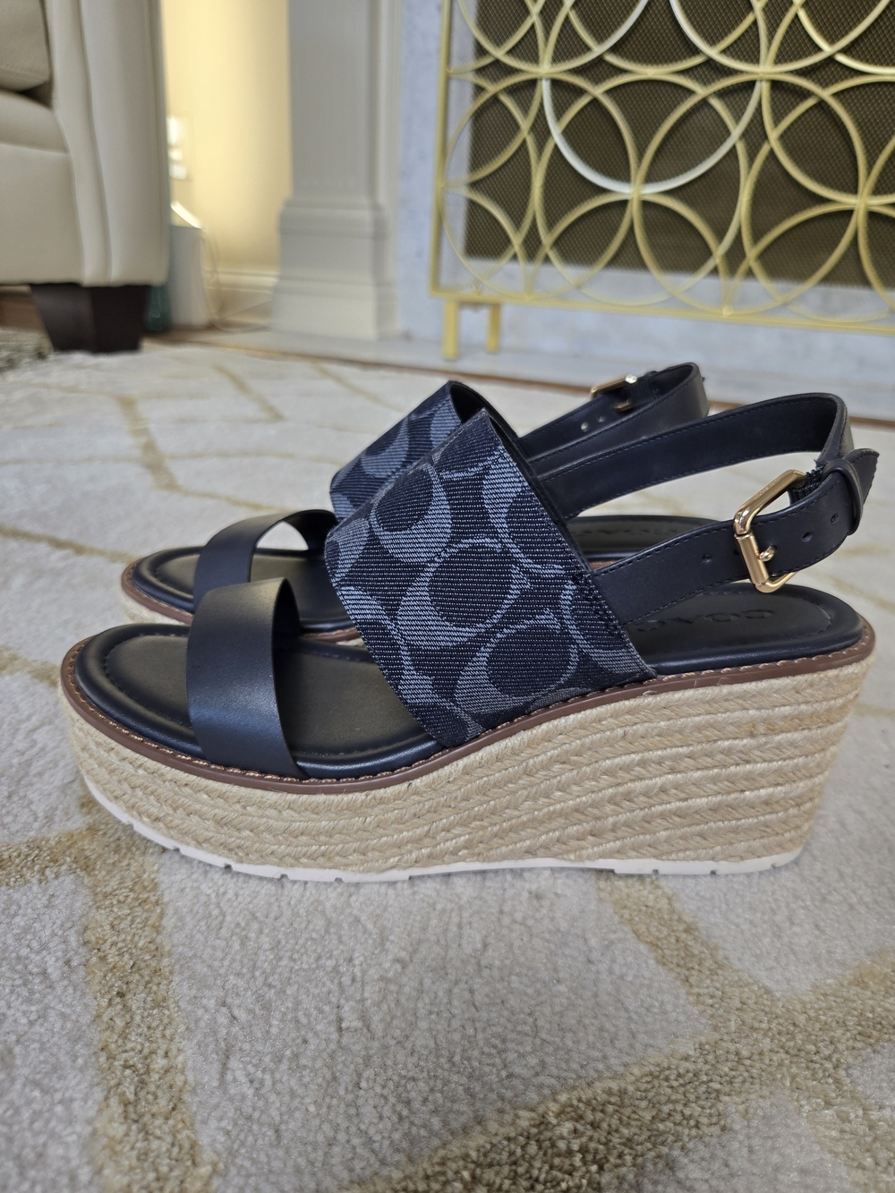 Coach Kami Wedge Sandals Denim "C" Logo Canvas and Leather Espadrille Size 8